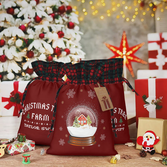 Christmas Tree Farm | Plaid Linen Drawstring Gift Bag