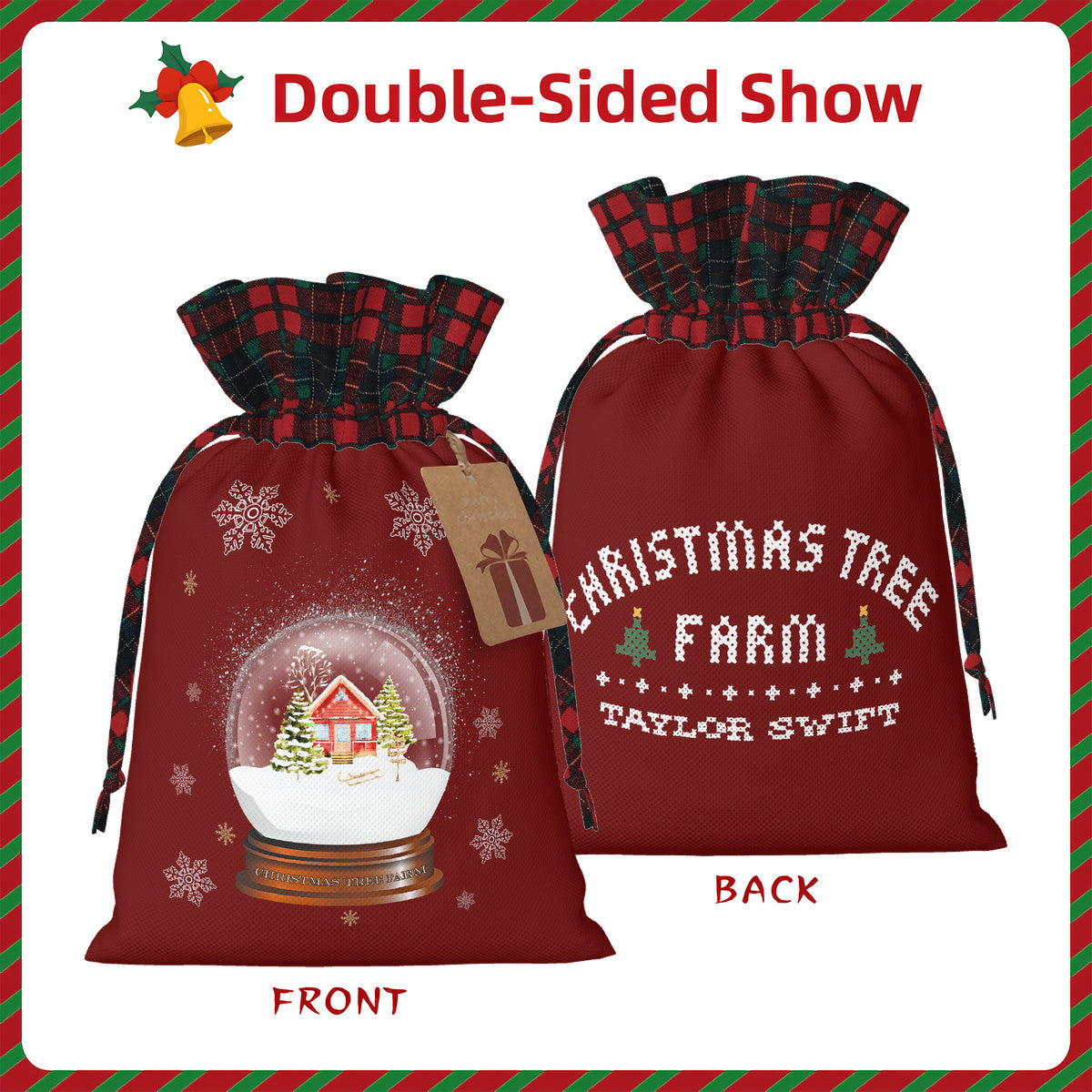 Christmas Tree Farm | Plaid Linen Drawstring Gift Bag